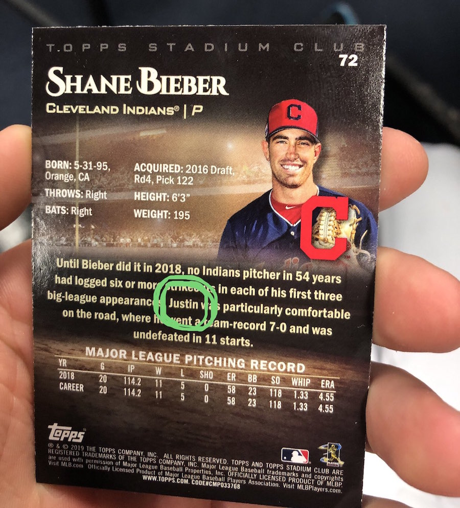 Topps confuses Cleveland Indians P Shane Bieber with pop sensation